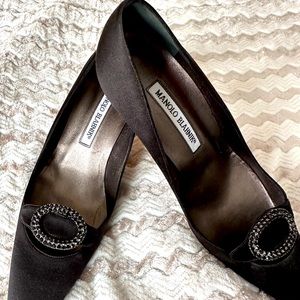 Manolo Blahnik- Black Silk heels with Ornament.